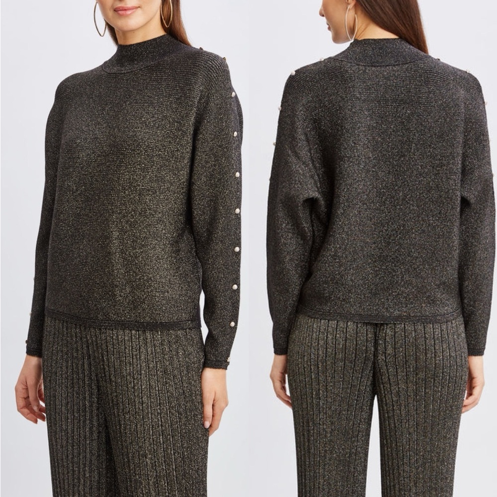 Elie Tahari T-Tahari Crystal Sleeve Metallic Sweater Size XL NWT